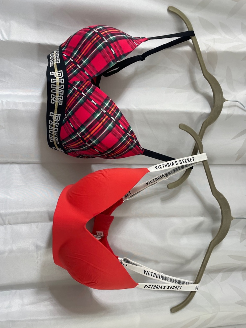 PINK Victoria's Secret Red Plaid Push-Up & Solid Red Logo Strap Bras
